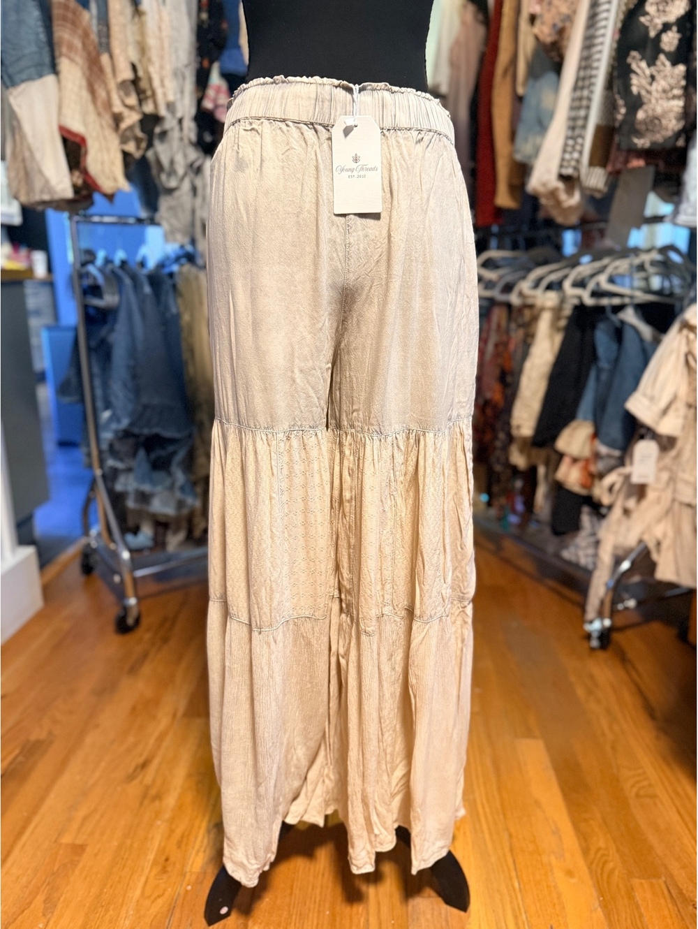 YOUNG THREADS Boho Tiered Wide Leg Drawstring Pants Latte NWT Large - Picture 2 of 6